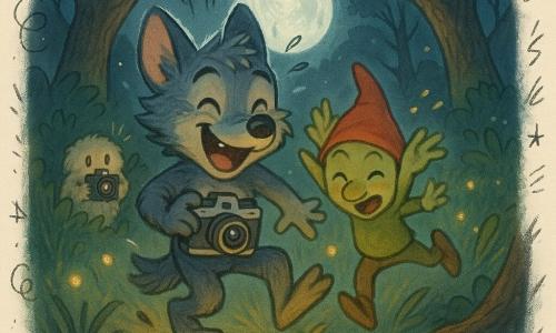 Lupo, ein junger Werwolf mit glänzend grau-blauem Fell, runden großen Ohren und lachenden bernsteinfarbenen Augen, stolpert lachend mit einer alten silbernen Kamera; der schelmische Kobold Knirps mit hellgrüner Haut und roter Zipfelmütze springt neben ihm und winkt mit den Armen, beide stolpern über dieselbe Wurzel, Köpfe geneigt, sichtbar lachend; Fluff, der wollige cremefarbene Waldwächter mit runden schwarzen Augen, steht hinter einem Busch und fotografiert mit einem kleinen Gerät; Szene in einer mondbeschienenen Nachtlichtung mit hohen Gräsern, knorrigen Baumstämmen und orangegelben Glühwürmchen als Lichtpunkte; absichtlich unscharfes, bewegtes Bild, Farbpalette: sanfte Nachttöne (Mitternachtsblau, Grau, Silber) mit warmen Akzenten (Glühwürmchen-Gelb, rote Mütze), deutliche haarige und holzige Texturen, halbnahe Komposition auf Lupo und Knirps, Fluff leicht unscharf im Hintergrund, Glühwürmchen im Vordergrund als helle Tupfen, Platz für kleine Doodles wie Sterne und Lachnoten.