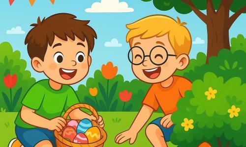 Un niño de 6 años, con el cabello castaño desordenado y ojos llenos de curiosidad, lleva una camiseta verde brillante y zapatillas amarillas. Está agachado en un jardín soleado, con una sonrisa alegre iluminando su rostro mientras sostiene una pequeña caja de mimbre llena de huevos de colores. A su lado, su mejor amigo, un niño de 7 años con cabello rubio y gafas redondas, busca un huevo escondido detrás de un arbusto florecido, riendo de felicidad. El jardín está lleno de tulipanes brillantes, guirnaldas de papel y un gran árbol de hojas verdes, creando una atmósfera festiva y alegre. El cielo es azul con algunas nubes blancas esponjosas, y el sol brilla, proyectando sombras suaves en el suelo. La escena principal muestra a los dos niños en plena búsqueda de huevos de Pascua, descubriendo tesoros escondidos y compartiendo risas, rodeados de la magia de este día soleado.