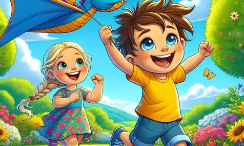 Ein 6-jähriger Junge, Max, mit zerzausten braunen Haaren und strahlenden Augen, rennt in einem sonnigen Garten und hält einen großen blauen Papierdrache, der hoch am Himmel fliegt. Er trägt ein leuchtend gelbes T-Shirt und eine Jeansshorts, und sein Gesicht zeigt immense Aufregung und Freude. Neben ihm ermutigt seine beste Freundin Lena, ein 6-jähriges Mädchen mit geflochtenen blonden Haaren und einem bunten Blumenkleid, ihn, indem sie ihren eigenen rosa Drachen hochhält und begeistert lächelt. Der Garten ist voller leuchtender Blumen in allen Farben, mit Schmetterlingen, die umherfliegen, und üppigen grünen Bäumen im Hintergrund. Der Himmel ist hellblau mit ein paar flauschigen weißen Wolken. In dieser Szene haben Max und Lena Spaß daran, ihre Papierdrachen fliegen zu lassen, lachen und rennen zusammen und genießen die Magie des Frühlings.
