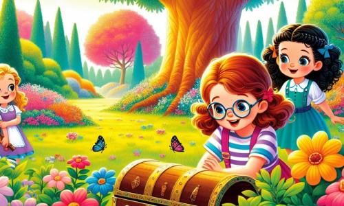 In un parco soleggiato, tre bambine sono riunite. Anna, una ragazza di 8 anni con capelli castani e occhiali rotondi, si china con curiosità verso una vecchia scatola nascosta sotto un cespuglio. Accanto a lei, Bea, una ragazza di 7 anni con capelli biondi e ricci, sorride entusiasta tenendo un pezzo della mappa che hanno trovato. Lia, una ragazza di 8 anni con capelli neri e una treccia, si tiene un po' indietro, con le braccia incrociate, osservando con aria intrigata. Le tre amiche scoprono insieme una scatola misteriosa che contiene una mappa del tesoro e sono pronte a risolvere il mistero, unendo la loro curiosità e il loro spirito d'avventura.