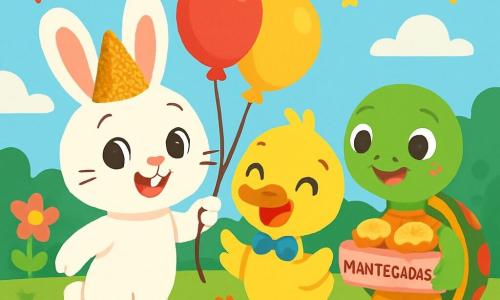 Lucio, un pequeño conejo de grandes orejas y pelaje blanco, sonríe con ojos brillantes de emoción. Lleva un sombrero brillante y sostiene globos coloridos con sus patas. A su lado, Pablo, un pato con plumaje amarillo brillante y pajarita azul, baila alegremente, con sus ojos redondos brillando de felicidad. Tina, una tortuga con un caparazón verde decorado con patrones coloridos, sonríe sosteniendo una caja de mantecadas, junto a Lucio. El fondo muestra un prado soleado, decorado con guirnaldas brillantes y flores vibrantes, bajo un cielo azul claro. La escena representa la fiesta de Año Nuevo, donde todos los amigos animales se reúnen para celebrar, rodeados de risas y música alegre.