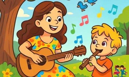 Clara, una mujer de cabello largo y rizado de color castaño, sonríe alegremente mientras toca su guitarra bajo un gran roble. Lleva un vestido colorido con flores que danza con el viento, y sus ojos brillan de emoción. A su lado, Lucas, un niño de cinco años con cabello rubio desordenado y una gran sonrisa, sostiene una pequeña flauta. Lo mira con admiración, listo para tocar su propia melodía. El lugar es un parque soleado, lleno de flores brillantes y árboles verdes, donde los niños juegan y los pájaros cantan. Los rayos del sol se filtran a través de las hojas, creando una atmósfera mágica. La escena principal muestra a Clara y Lucas tocando juntos, rodeados de risas y alegría, mientras notas musicales coloridas flotan a su alrededor, ilustrando la armonía y la magia de la música.