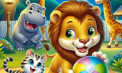 Un leone di nome Leonardo, con una criniera dorata e occhi pieni di curiosità, si trova al centro dell'immagine, sorridendo gioiosamente mentre gioca con una grande palla colorata. Accanto a lui, un piccolo gatto di nome Micio, con il pelo a strisce e occhi brillanti, corre dietro alla palla, mostrando un'espressione di eccitazione e felicità. Sullo sfondo, un ippopotamo paffuto, con la pelle grigia e un ampio sorriso, osserva la scena ridendo, mentre una grande giraffa dal lungo collo, con macchie dorate, si allunga per afferrare la palla. Il contesto è uno zoo animato, sotto un cielo stellato, con recinti illuminati dalla dolce luce della luna, alberi verdi e fiori colorati che aggiungono un tocco di magia alla scena. La situazione principale mostra Leonardo e i suoi amici che giocano insieme, ridendo e divertendosi, creando un'atmosfera gioiosa e amichevole, piena di cameratismo e avventure notturne.
