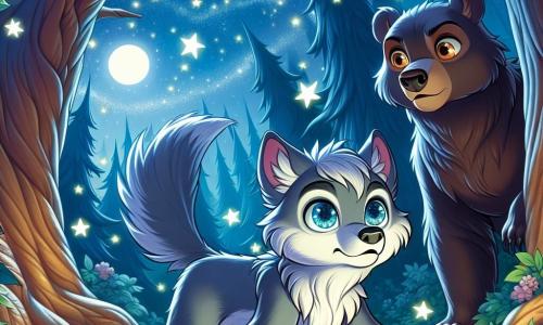 Um pequeno lobo chamado Luno, com um pelo prateado brilhando sob a luz da lua e olhos azuis cheios de curiosidade, está no centro de uma clareira encantada, sua expressão misturando medo e determinação enquanto olha para um livro antigo aberto à sua frente. Ao lado dele, um grande urso de pele marrom escuro, com olhos brilhantes como estrelas, observa Luno com uma expressão séria e benevolente, pronto para ajudá-lo a enfrentar seus medos. A clareira é cercada por árvores majestosas com troncos retorcidos, cujas folhas brilham sob a luz da lua, enquanto uma brisa leve faz as sombras dançarem ao redor deles. Luno, intrigado e um pouco assustado, se inclina em direção ao livro misterioso, pronto para descobrir as histórias assustadoras que podem mudar sua vida.