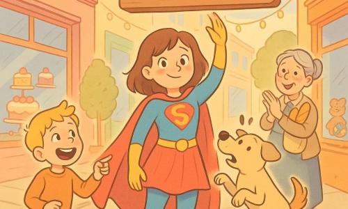 Een glimlachende, licht verlegen superheldin met rode cape, halflang bruin haar en kleurige outfit met gele laarzen zweeft een geschilderd houten winkelbord omhoog terwijl ze één hand ophoudt; links wijst een ongeveer 8-jarige blonde jongen verwonderd en lachend naar het bord, rechts drijft een beige middelgrote hond met opgetilde poten verrast nabij de onderkant, en achteraan applaudisseert een ongeveer 65-jarige oudere vrouw met grijs haar in een knot en een broodzak; de geplaveide winkelstraat toont kleurrijke gevels met etalages vol gebak en speelgoed, lichtslingers en bloempotten, de scène is komisch en warm in zachte pastelkleuren, afgeronde contouren en een zonovergoten ochtendsfeer, compositie gecentreerd op de superheldin.