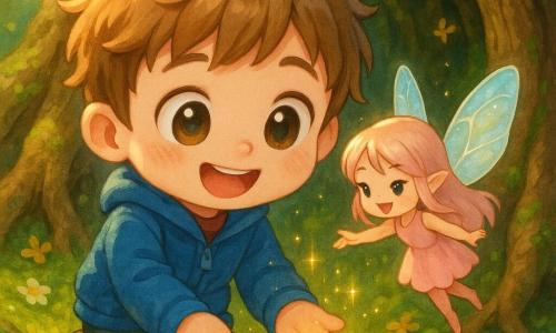 A 6-year-old boy with a round face, big bright eyes and a delighted smile, tousled light brown hair, wearing a blue jacket and muddy boots, kneels to pick up a small sparkling key on a bed of moss; a tiny fairy named Lily (hand-sized) with iridescent translucent wings and a pale pink dress hovers above the key, reaching toward the boy; a massive hollow oak with textured bark, curled roots and a moss-lined interior, with small flowers and yellow butterflies in sunbeams; the magical moment is shown with golden rays, floating sparkles, a warm mysterious atmosphere, composition centered on the glowing key in the boy’s hands, chibi kawaii style, bright contrasting colors, soft features and clean outlines.