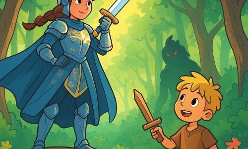 A knightess, Lady Aveline, stands proudly on a rocky promontory, her eyes shining with determination and courage. She wears sparkling armor adorned with floral patterns and a long blue cloak that billows in the wind. Her brown hair is braided under her helmet, and she wields a gleaming sword, ready to defend her kingdom. Beside her, a young boy named Tom, about 8 years old, looks at Aveline with admiration. He has messy blonde hair and wears a simple tunic, holding a small wooden sword toy, imitating the knightess with an amazed smile. The scene is set in the enchanted forest of Hollow Wood, where majestic trees with gnarled trunks rise to the sky, their bright green leaves filtering sunlight. Colorful flowers dot the ground, and a gentle breeze makes the branches dance. The main situation shows Aveline preparing to confront a mysterious enemy, a threatening shadow lurking among the trees, while Tom, full of hope, encourages her to move forward. The atmosphere is both magical and tense, with rays of light piercing through the foliage.