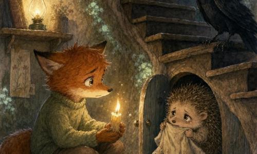 Milo, a young anthropomorphic red fox with bright hazel eyes and slightly tousled fur, sits on a worn wooden floor, face tense but determined, holding a trembling candle; Juniper, a glossy black crow, perches on the first stair with a tilted, mocking yet worried look; Thimble, a frail, dusty hedgehog, peeks from the small door under the stairs clutching a cloth like a blanket; the scene is a root-carved burrow hallway with mossy pale walls, an oil lamp on a shelf, a faded floral rug by the low door and dark stairs above; warm candlelight contrasts with deep shadows as the hidden door is cautiously opened after a long night, revealing dust motes, scratch marks on the wood, and mixed relief and apprehension on their faces.
