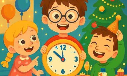 There are three characters: Tommy, a 7-year-old boy with messy brown hair and round glasses, wearing a red t-shirt with stars and blue pants, standing in the center holding a colorful clock that seems to dance; Sarah, a 7-year-old girl with braided blonde hair and a bright smile, wearing a pink polka dot dress and striped tights, to the left of Tommy, pointing at the clock in awe; and Billy, a 7-year-old boy with short brown hair and freckles, wearing a green sweater with a snowman design and jeans, to the right of Tommy, laughing and holding a sparkling party hat. The setting is a warm and festive living room decorated with colorful garlands and floating balloons, illuminated by twinkling lights, with a large table filled with delicious cakes and sparkling drinks. In the background, a Christmas tree is adorned with shiny ornaments and garlands. The main scene shows the three friends celebrating New Year's, surrounded by laughter and joy, eagerly waiting for the big clock to strike midnight, ready to make their fun resolutions.