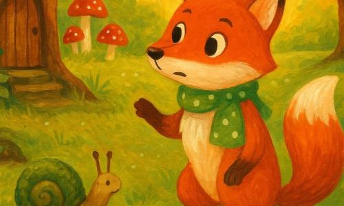 O vulpe roșcată cu blană lucioasă portocalie și albă, ochi mari atenți, în picioare cu urechea aplecată înainte și o eșarfă mică verde cu buline, expresie hotărâtă și curioasă, ridicând o labă ca și cum ar căuta sau ar chema; un melc mic cu cochilie acoperită de mușchi, „pălărie” de mușchi, îndreptat spre vulpe și arătând direcția cu antena, lângă o rădăcină stânga; în fundal o poiană cu ciuperci roșii cu pete albe, iarbă umedă și picături de rouă, un pârâu argintiu șerpuitor la dreapta și un stejar bătrân gol cu scoarță texturată, o ușiță miniaturală și trepte acoperite de iederă aproape de vulpe; situația: vulpea caută un clopoțel mic pierdut, ascultă intens cu speranță, scena scăldată în lumina blândă a dimineții și culori calde și contrastante.