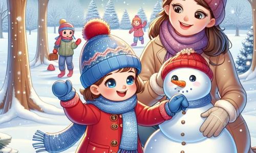 A 3-year-old girl named Emily, with sparkling big eyes and rosy cheeks, is wearing a bright red coat, a blue wool hat, and matching gloves. She is joyfully smiling while building a snowman, holding a carrot for the nose in her small hands. Next to her, her mom, a woman in her thirties with long brown hair and a warm smile, helps by placing stones for the snowman's eyes. She is wearing a beige coat and a colorful scarf, slightly leaning towards Emily, sharing this happy moment. The scene takes place in a winter park, where majestic trees are covered in sparkling snow. The ground is blanketed in thick snow, and other children are playing in the distance, building snow forts and sledding. The main focus shows Emily and her mom creating a snowman together, filled with joy and laughter, symbolizing the love and magic of winter days spent with family.