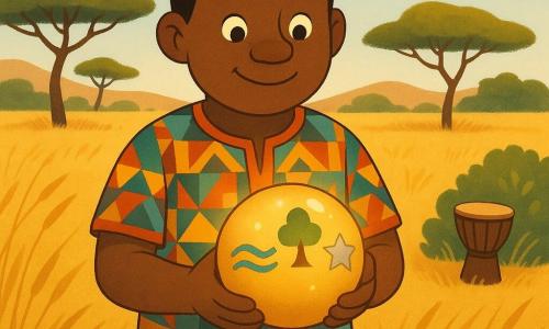 Kofi, homem adulto de rosto redondo e pele morena, cabelos curtos pretos, sorrindo e curioso, está de pé segurando uma cabaça redonda brilhante nas mãos; veste camisa colorida com padrões geométricos e um pagne laranja, postura voltada para o objeto. A cabaça, levemente luminosa, parece uma pequena lua dourada com três traços gravados visíveis: um sinuoso azul (rio), um verde em forma de árvore e um prateado em forma de estrela; repousa nas palmas de Kofi. Ao fundo, à direita sobre a erva, há um pequeno tambor de madeira escura com pele esticada, perto de um arbusto. Cena na savana pela manhã: capim alto dourado que ondula, alguns acácias, céu azul claro e colinas suaves ao horizonte; atmosfera de descoberta e mistério alegre, composição centrada em Kofi e na cabaça, cores quentes e contrastes definidos, estilo vetorial simples e legível para livro infantil.