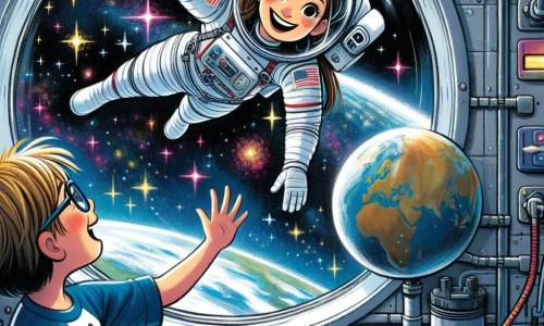 Uma astronauta, Ana, está suspensa no espaço, flutuando alegremente dentro da estação espacial. Ela é uma mulher de cabelos castanhos presos em um rabo de cavalo, vestindo um traje espacial branco e prateado, com um grande sorriso no rosto, encantada com a beleza das estrelas que observa através de uma grande janela. Do lado de fora da estação, um menino de 8 anos, com cabelo loiro e óculos, está em pé na Terra, levantando a mão para cumprimentar Ana. Ele usa uma camiseta azul com um foguete desenhado e tem um olhar maravilhado no rosto, sonhando em se tornar astronauta. A cena se passa na imensidão do cosmos, com estrelas brilhantes e planetas coloridos ao fundo, enquanto a estação espacial flutua pacificamente na escuridão do espaço. A situação principal mostra Ana, cheia de entusiasmo, explicando ao seu jovem amigo na Terra como ela explora as estrelas e os planetas, criando um momento de conexão mágica entre eles, apesar da distância.
