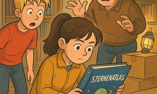 Mila, 10 Jahre alt, konzentriertes, ruhiges Gesicht, große Augen, braune Pferdeschwanzhaare, senfgelbe Jacke und Jeans, kniet vor einer offenen Kiste und hält behutsam einen großen blauen illustrierten Sternenatlas; Ben, etwa 10, überrascht mit offenem Mund, zerzauste blonde Haare, rotes T‑Shirt, steht links von ihr und beugt sich neugierig vor; Herr Riedel, etwa 60, gerötetes, verlegenes Gesicht, Arbeitshose und brauner Pullover, steht rechts hinter Kartons mit leicht erhobenen Händen und wirkt ertappt; Hintergrund: Hinterzimmer einer Bibliothek mit Holzregalen, gestapelten Kartons, einer Papierstern-Girlande und einer warmen Werkstattlampe; Szene: Entdeckung des Buches auf einem Tisch, kleine Sterne markieren einen Weg, geheimnisvoll und beruhigend, dynamische Komposition mit nahen Figuren, klare Konturen, sanfte helle Farben und sichtbare Papier‑ und Holztexturen, leicht überzeichnete, liebenswerte Mimik.