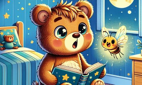 Ein kleiner brauner Bär mit weichem Fell und runden, neugierigen Augen sitzt auf seinem Bett mit gekreuzten Pfoten und zeigt einen Ausdruck von Überraschung und Staunen. Er hält ein offenes Buch auf seinen Knien und schaut fasziniert die bunten Illustrationen des Mondes und der Sterne an. Neben ihm fliegt eine kleine Glühwürmchen mit einem leuchtend gelben Körper und zarten Flügeln fröhlich durch das Zimmer und strahlt sanftes Licht aus. Sie hat ein freundliches Lächeln und scheint den kleinen Bären zu ermutigen, keine Angst mehr zu haben. Die Szene spielt sich im gemütlichen Zimmer des kleinen Bären ab, das mit blauen Wänden und Sternenmuster, einem weichen Teppich auf dem Boden und einem offenen Fenster, das das Licht des Mondes hereinlässt, dekoriert ist. Kuscheltiere sind um ihn herum verstreut und schaffen eine warme, einladende Atmosphäre. Der kleine Bär, zunächst von der Dunkelheit erschreckt, beginnt zu lächeln, als er die Schönheit der Nacht durch sein Buch entdeckt, während die Glühwürmchen den Raum mit ihrem sanften Licht erhellt und die Angst in Staunen verwandelt.