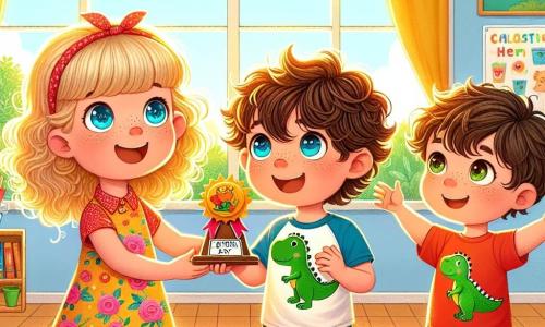 There are three main characters: 

1. **Lily** (girl, 8 years old): She has long, curly blonde hair that shines in the sun and sparkling light blue eyes filled with excitement. She wears a colorful flower dress and holds a homemade trophy with a dinosaur on top in her hands.

2. **Max** (boy, 8 years old): He has messy brown hair and a big smile. He wears a red t-shirt and blue shorts. He stands next to Lily, enthusiastically pointing at the trophy, his eyes wide with joy.

3. **Tommy** (boy, 4 years old): He has chestnut hair and a round, cheerful face. He wears a yellow t-shirt with a dinosaur on it and looks at the trophy with admiration, arms raised as if he wants to touch it.

The scene takes place in a colorful classroom filled with decorations for Father's Day: paper garlands, children's drawings hanging on the walls, and tables covered with handmade gifts. Sunlight filters through the windows, illuminating the room with a warm glow.

The main situation shows Lily and Max, both smiling, proudly presenting the trophy to their classmates, while Tommy, in awe, stands beside them with shining eyes. Other children surround them, clapping and laughing, creating a joyful and festive atmosphere.