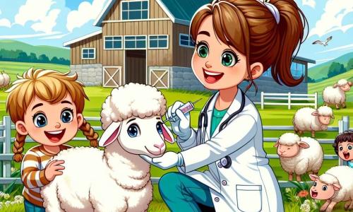 Im Zentrum des Bildes steht Dr. Anna Weber, eine leidenschaftliche Tierärztin in ihren Dreißigern mit braunen Haaren, die zu einem Pferdeschwanz gebunden sind. Sie trägt einen weißen Kittel, hat ein warmes Lächeln im Gesicht und hockt neben einem verletzten Schaf, das sie sorgfältig und einfühlsam versorgt. Rechts von ihr beobachtet Max, ein 8-jähriger Junge mit zerzausten blonden Haaren, mit staunenden Augen und hält ein kleines Erste-Hilfe-Set bereit. Links von ihr lächelt Mia, ein 6-jähriges Mädchen mit braunen Zöpfen, fröhlich und hält einen Eimer mit Tierfutter, ungeduldig darauf, die anderen Tiere des Bauernhofs zu füttern. Der Hintergrund zeigt einen malerischen Bauernhof mit einem großen Holzgebäude, endlosen grünen Feldern und friedlich weidenden Tieren unter einem strahlend blauen Himmel. Bunte Blumen säumen den Weg zum Gebäude und verleihen der Szene eine fröhliche Note. Die Hauptsituation zeigt Dr. Weber, die das verletzte Schaf versorgt, umgeben von den Kindern, die begeistert über die Tierpflege lernen, was die Bedeutung von Mitgefühl und Bildung in der Tiermedizin verdeutlicht.