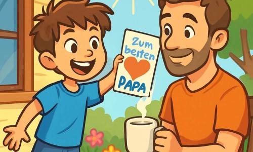 Ein 10-jähriger Junge, Tim, mit zerzausten braunen Haaren und strahlenden Augen, hält eine bunte Karte in einer Hand und einen dampfenden Kaffee in der anderen. Er trägt ein leuchtend blaues T-Shirt und eine Jeansshorts und zeigt ein großes, aufgeregtes Lächeln. Neben ihm sitzt sein Vater, ein etwa 40-jähriger Mann mit leicht grauen, kastanienbraunen Haaren und einem gut gepflegten Bart, stolz auf die Karte schauend, auf einem Holzstuhl. Sie befinden sich auf der Veranda ihres Hauses, umgeben von bunten Blumen und einem klaren blauen Himmel, während Sonnenstrahlen die Szene erleuchten. Der Hauptmoment zeigt, wie Tim seinem Papa begeistert sein Geschenk zum Vatertag überreicht, was einen Moment der Zärtlichkeit und des gemeinsamen Glücks schafft.