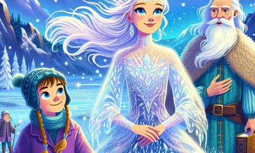 La Reina de las Nieves, una mujer majestuosa de belleza etérea, se encuentra en el centro de la escena. Lleva un vestido brillante hecho de cristales de hielo, y su cabello plateado flota como copos de nieve en el viento. Su rostro expresa una determinación luminosa, con ojos azul claro que brillan de esperanza. A su lado, una niña de unos 8 años, vestida con un abrigo violeta, levanta la mano con valentía. Sus ojos brillan de entusiasmo y sonríe, lista para defender sus ideas. Un anciano de unos 70 años, con una larga barba blanca y un sombrero de fieltro, observa con sabiduría. Lleva un abrigo de lana y sostiene un libro antiguo, listo para compartir su conocimiento. La escena se desarrolla en un hermoso valle nevado, rodeado de montañas cubiertas de nieve brillante. El cielo es de un azul profundo, salpicado de nubes esponjosas, y copos de nieve caen suavemente, creando una atmósfera mágica. La Reina de las Nieves y sus aliados se reúnen para enfrentar un espíritu oscuro que amenaza su reino, uniendo sus fuerzas para traer calor y luz, decididos a transformar su mundo en un lugar justo y armonioso.