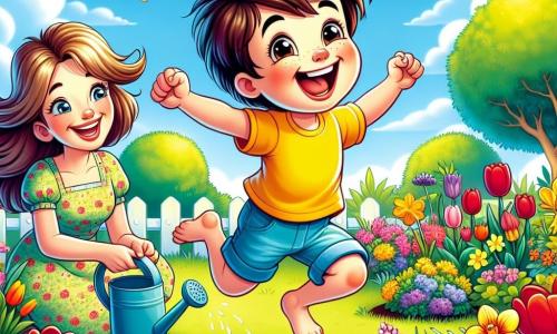 Ein 6-jähriger Junge, Max, mit zerzausten braunen Haaren und strahlenden Augen, springt vor Freude in einem Frühlingsgarten. Er trägt ein leuchtend gelbes T-Shirt und eine blaue Shorts und hält bunte Blumen in seinen kleinen Händen. Neben ihm lächelt seine Mutter, eine Frau um die dreißig mit langen blonden Haaren, die in einem leichten Blumenkleid gekleidet ist und eine Gießkanne hält. Der Garten ist voller leuchtender Blumen: rote Tulpen, gelbe Narzissen und Veilchen, unter einem hellblauen Himmel mit ein paar flauschigen weißen Wolken. Grüne Bäume umgeben den Garten, und man kann Vögel auf den Ästen singen hören. Die Hauptsituation zeigt Max und seine Mutter, die zusammen neue Blumen pflanzen, während Gartenwerkzeuge um sie herum verstreut liegen. Die Atmosphäre ist fröhlich und lebendig, was das Erwachen der Natur im Frühling symbolisiert.