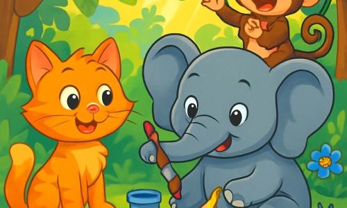 Een feloranje kat met sprankelende ogen en zijdezachte vacht staat in het midden van de scène, met een uitdrukking van nieuwsgierigheid en opwinding op zijn gezicht. Hij kijkt naar een blije olifant met een grijze huid en grote oren, die gekleurde bananenschillen met opvallende patronen aan het schilderen is. Naast hen applaudisseert een kleine aap met bruin haar en ondeugende ogen, hangend aan een liaan, enthousiast. De scène speelt zich af in een weelderige jungle, vol majestueuze bomen met glanzend groene bladeren, kleurrijke bloemen en zonnestralen die door het loof filteren. Op de grond liggen versierde bananenschillen met kleurrijke patronen verspreid, wat magie aan de omgeving toevoegt. De kat en de olifant creëren samen een vrolijk kunstwerk, omringd door lachen en kleuren, ter viering van hun vriendschap en creativiteit in deze betoverende setting.