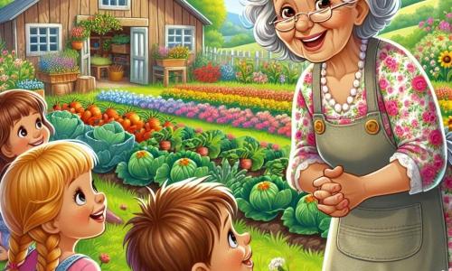 Una donna anziana, Nonna Rosa, con capelli argentati e un sorriso caloroso, si trova nel mezzo del suo giardino verdeggiante, circondata da fiori vivaci e verdure colorate. Indossa un vestito a fiori e un grembiule di tela, i suoi occhi brillano di gioia mentre racconta una storia ai bambini. Marco, un ragazzo di 8 anni con capelli castani disordinati e una maglietta a righe, ascolta attentamente, seduto sull'erba, con gli occhi spalancati per meraviglia. Giulia, una ragazza di 7 anni con trecce bionde e un vestito rosa, sorride ridendo, mentre Lila, una bambina di 6 anni con ricci rossi e una salopette di denim, si avvicina per ascoltare meglio. Il giardino è pieno di file di verdure verdi, fiori colorati e alberi da frutto, sotto un cielo blu punteggiato di nuvole bianche. Sullo sfondo si intravede un vecchio fienile in legno, che aggiunge un tocco rustico alla scena. Nonna Rosa, circondata dai bambini, racconta con passione le sue avventure in fattoria, mentre il sole splende, illuminando i loro volti gioiosi e curiosi.
