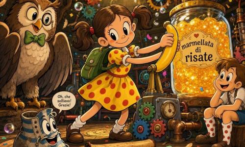Bambina di 6 anni con capelli castani a code, occhi tondi, vestito giallo a pois rossi e piccolo zaino verde sorride maliziosa mentre tira una grande leva a forma di banana; a sinistra un grande gufo antropomorfo chiamato Gufaldo con papillon verde e monocolo osserva fiero, vicino un'allampanata scarpa parlante a righe blu e bianche guarda sollevata verso la bambina, sullo sfondo un bimbo di circa 7 anni seduto su una ceppaia con una calza a pois sorride aspettando che la scarpa torni; la scena si svolge in una stanza rotonda sotto le radici di una quercia, pareti in legno, ingranaggi colorati, tubi di rame e una grande boccia di vetro quasi piena di marmellata scintillante: azione gioiosa e surreale in cui la leva fa apparire bolle, piume e coriandoli e la "marmellata di risate" si riempie; colori vivaci e saturi, contorni neri spessi in stile rubber hose, luce calda da una botola rotonda, composizione centrata su bambina e leva, atmosfera giocosa e rassicurante.
