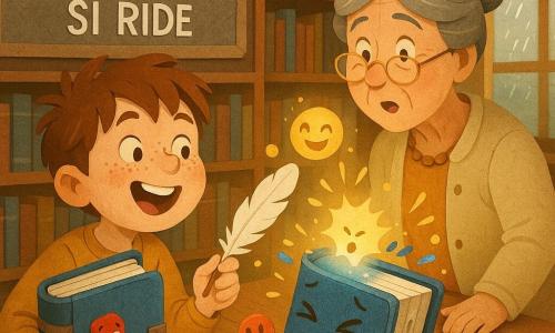 Bambino di 10 anni dal viso rotondo e lentigginoso, capelli castano spettinati, espressione gioiosa e occhi brillanti, tiene un grande libro blu sotto il braccio e porge una piuma bianca verso il dorso; alle sue spalle una bibliotecaria di circa 55 anni con occhiali a catena e capelli grigi raccolti in uno chignon lo osserva benevola e sorpresa da dietro un tavolo di legno; un piccolo segnalibro antropomorfo a nastro rosso con occhi disegnati spunta tra le pagine con aria imbronciata poi sollevata; il libro magico, rilegatura blu spessa con fibbia metallica, tremola emettendo piccole bolle luminose dorate che ridono; interno: calda biblioteca di quartiere con scaffali di legno pieni di libri colorati, cartello 