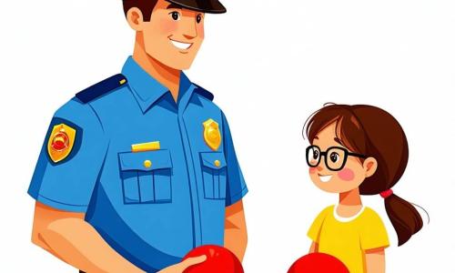Een glimlachende politieagent, een man van ongeveer dertig jaar in een heldere blauwe uniform en een grote pet, staat in het midden van de afbeelding. Zijn gezicht straalt vriendelijkheid en trots uit terwijl hij met de kinderen spreekt. Aan zijn rechterkant staat Sara, een 8-jarig meisje met bruin haar en een bril, die een rode bal vasthoudt. Ze kijkt de politieagent met bewondering aan, haar ogen sprankelend van nieuwsgierigheid. Aan zijn linkerkant staat Tom, een 7-jarig jongetje met messy blond haar, die glimlacht en aandachtig luistert met zijn handen op zijn heupen. De scène speelt zich af op een zonnige straat, omringd door groene bomen en kleurrijke huizen. Multikleurige bloemen bloeien langs het trottoir, wat een vrolijke toets aan de omgeving toevoegt. De politieagent legt de kinderen het belang van verkeersveiligheid uit, terwijl ze samen de zin herhalen: 