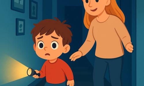 Un bambino di 4 anni, con capelli castani disordinati e grandi occhi curiosi, si trova in un corridoio buio. Il suo viso mostra una leggera preoccupazione, con le sopracciglia aggrottate e la bocca leggermente aperta. Tiene una piccola torcia che illumina timidamente il cammino davanti a lui. Accanto a lui, la mamma, una donna di circa 30 anni con lunghi capelli biondi, lo guarda con un sorriso rassicurante. Indossa un maglione morbido e comodo e si trova vicino alla porta della camera, pronta a sostenerlo. Il corridoio è stretto, con pareti dipinte di azzurro chiaro, e ombre danzano sul pavimento a causa della luce della torcia. Foto incorniciate decorano le pareti e una leggera luce proviene dalla camera in fondo al corridoio. La scena principale mostra il bambino, esitante ma determinato, che avanza lentamente nel corridoio buio, illuminato dalla sua torcia, mentre la mamma lo incoraggia dolcemente a superare la paura del buio.