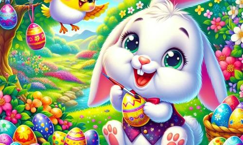 In un giardino colorato, un coniglietto bianco di nome Leo, con grandi orecchie morbide e occhi brillanti di eccitazione, sta dipingendo uova di Pasqua con colori vivaci. Ha un grande sorriso sul volto, traboccante di gioia e creatività. Accanto a lui, una piccola cinciallegra di nome Clara, con un piumaggio giallo brillante e occhi maliziosi, vola in cerchio attorno a Leo, ridendo di felicità mentre gli porge un pennello. Il giardino è pieno di fiori vivaci, cespugli verdi e un grande albero di melo in fiore, creando un'atmosfera magica e primaverile. La scena mostra Leo e Clara mentre preparano una caccia alle uova di Pasqua, circondati da uova decorate, vernice e risate, catturando lo spirito gioioso di questa festa.