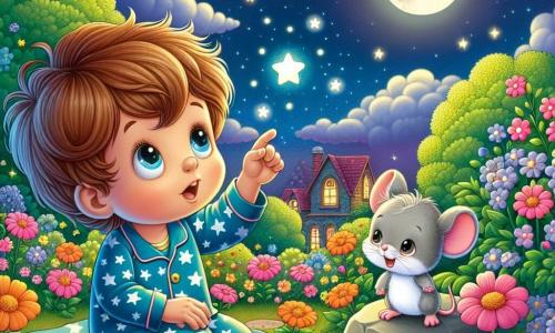 Leo è un ragazzo di 7 anni, con capelli castani e occhi brillanti. Indossa un pigiama blu con stelle bianche e osserva con curiosità una stella scintillante nel cielo. Accanto a lui c'è Tippy, un piccolo topo grigio con grandi orecchie e un sorriso amichevole, pronto a incoraggiare Leo. La scena si svolge in un giardino notturno, pieno di fiori dai colori vivaci. Il cielo è punteggiato di stelle scintillanti e una dolce luna illumina il paesaggio. Leo, un po' titubante, tende la mano verso Tippy, mentre il topo gli indica la strada verso le stelle. Insieme scoprono che il buio non è spaventoso, ma un mondo pieno di magia e avventure.