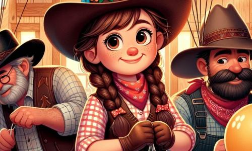 Lilly, ein mutiges etwa 10-jähriges Cowgirl, steht im Mittelpunkt des Bildes. Sie hat lange braune Haare zu einem Zopf gebunden, trägt einen mit Blumen geschmückten Cowboyhut und ein kariertes Hemd. Ihr Gesicht drückt Entschlossenheit und Freude aus, während sie lächelt und bunte Ballons in den Händen hält. Neben ihr stehen zwei Männer, einer etwa 40 Jahre alt mit einem dichten Schnurrbart und einem abgetragenen Hut, der andere ein junger Mann von etwa 25 Jahren mit blonden Haaren und einem roten Bandana um den Hals, die gerade Ballons knoten. Sie wirken konzentriert, aber ihre Gesichter zeigen auch ein verschwörerisches Lächeln. Die Szene spielt in einem typischen Saloon des Wilden Westens, mit Holzwänden, Eichentischen und gedämpftem Licht. Im Hintergrund sind neugierige Kunden zu sehen, die den Wettbewerb beobachten, was zur festlichen Atmosphäre beiträgt. Die Hauptsituation zeigt Lilly, die einen Ballonwettbewerb vorschlägt, um einen Konflikt zwischen den beiden Männern zu lösen. Die bunten Ballons schweben um sie herum, und die Energie der Szene ist erfüllt von Lachen und Aufregung, was den Geist von Kameradschaft und Kreativität veranschaulicht.
