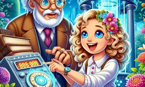 An 8-year-old girl named Lily, with curly blonde hair and sapphire-like bright eyes, stands in front of a time machine. She has a wide smile on her face, filled with excitement and curiosity, as she touches the control panel of the machine, which sparkles with colorful lights. Next to her is an old professor, Professor Time, about 70 years old, with a long white beard and round glasses, observing with a kind and wise look. He wears a lab coat and holds an ancient book in his hands, ready to guide Lily on her quest. The scene takes place in a lush garden filled with vibrant flowers and majestic trees, where the time machine is hidden behind bushes. The sky is a bright blue, dotted with fluffy white clouds, creating a magical atmosphere. Lily, full of enthusiasm, is about to activate the machine to begin her incredible journey through time, while Professor Time explains the wonders awaiting her in the past and future.