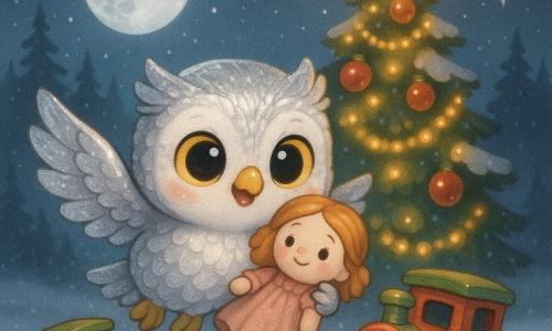 Eine kleine Eule namens Lumi im Chibi‑Stil mit silbrig schimmernden Federn und großen gelben Augen, sanft und fröhlich, die Flügel leicht ausgebreitet und in einer Kralle eine alte Stoffpuppe mit gemaltem Gesicht und zerknittertem rosafarbenem Kleid hält, die erleichtert und glücklich an Lumi gekuschelt ist; daneben ein rotes‑grünes Holzspielzeug­zug mit sichtbaren Rädern, in einer kleinen Schneeverwehung steckend, aber bereit weiterzufahren; im Zentrum ein traditioneller großer Weihnachtsbaum mit schneebedeckten Zweigen, goldenen Girlanden, roten Kugeln, einer leuchtenden Spitze und warmen Lichtern, die einen bernsteinfarbenen Schein auf den Schnee werfen; Szenerie: verschneiter Wald bei Nacht mit silberner Vollmond und funkelnden Sternen, dunkle Kiefern am Horizont und pulvriger Schnee, der wie Glas splittert, insgesamt Lumi, die verlorene Spielzeuge zum beleuchteten Baum zurückbringt, warme festliche Stimmung trotz Kälte, Komposition zentriert auf die heranfliegende Eule mit Kontrast zwischen kaltem Mondlicht und warmen Lichtergirlanden.