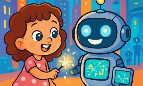 Una niña de 4 años, con grandes ojos brillantes y cabello rizado, lleva un vestido rosa con lunares y una sonrisa de asombro en su rostro. Sostiene una pinza luminosa en su mano, mirando con curiosidad a un robot brillante frente a ella. Un robot redondo y amigable, con una superficie plateada y ojos luminosos, está a su lado, mostrando una gran sonrisa en su pantalla. Muestra una pequeña pantalla con un mapa de la ciudad futurista. La escena se desarrolla en una ciudad futurista, donde edificios coloridos se elevan hacia el cielo, adornados con luces parpadeantes y paneles holográficos. Robots de todas formas y tamaños se mueven a su alrededor, ayudando a los habitantes. La niña, maravillada, descubre el robot traductor que le muestra el camino para encontrar a su mamá, iluminando el camino con luces centelleantes.
