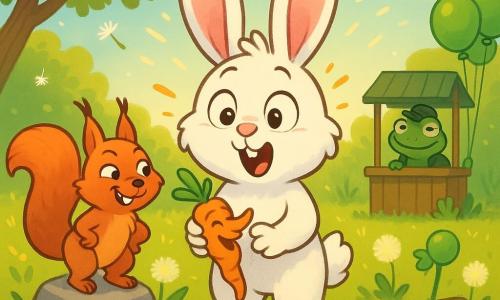 Un iepure alb şi pufos, cu urechi roz mari şi ochi rotunzi curioşi, are o expresie surprinsă şi veselă şi ţine un morcov portocaliu răsucit care 