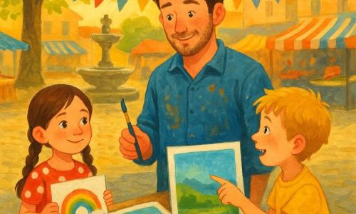 Um pintor na casa dos trinta, barba curta e cabelo castanho despenteado, rosto levemente corado e sorriso tímido; segura um pincel manchado de azul e ocre, em pé atrás de uma mesa de madeira com vários quadros coloridos. Um menino de cerca de 8 anos, com sardas e cabelo loiro despenteado, olha maravilhado e aponta para um grande quadro azul e verde a um metro da mesa. Uma menina de cerca de 7 anos, cabelo castanho em duas tranças e vestido de bolinhas, segura um pequeno desenho de arco-íris à esquerda do pintor, oferecendo-o com orgulho. A praça da aldeia é pavimentada, com uma grande fonte de pedra no centro, bancos sob um tília de folhas verde-claro, bandeirolas coloridas e barracas com toldos listrados; luz dourada do fim de tarde e sombras suaves. Cena: um mercado de arte animado e acolhedor, cores vivas, respingos de tinta na mesa e nas mangas, e no rosto do homem expressão de alívio e orgulho enquanto mostra os quadros às crianças curiosas.