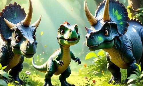 Ein Velociraptor namens Rafi, mit leuchtend grünem Gefieder und neugierigen Augen, steht begeistert in einer sonnigen Lichtung. Seine kleinen Krallen sind sanft auf dem Boden platziert, und ein breites Lächeln erhellt sein Gesicht, während er aufgeregt erkundet. Neben ihm stehen die Zwillings-Triceratops Trixi und Trix, bereit ihn zu begleiten. Trixi schaut Rafi bewundernd an, während Trix, ernster, die Umgebung im Blick hat, um seinen Freund zu beschützen. Die Szene spielt in einem wunderschönen prähistorischen Wald, wo große Bäume mit schimmernden Blättern ein Spiel aus Schatten und Licht erzeugen. Bunte Blumen in lebhaften Farben von Rot, Gelb und Lila schmücken den Boden und verleihen der Umgebung einen Hauch von Magie. Rafi und seine Freunde bereiten sich darauf vor, in den geheimnisvollen Nebelwald einzutreten, einen legendären Ort voller Magie und Abenteuer, wo sie hoffen, den berühmten Tyrannosaurus Rex um Hilfe zu bitten.