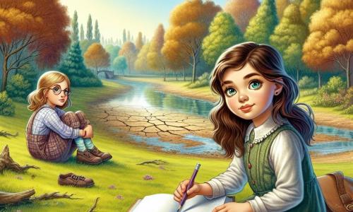 Una ragazza di 10 anni, Sofia, con lunghi capelli castani e occhi pieni di curiosità, è seduta sull'erba verde del parco, un quaderno aperto sulle ginocchia. Ha un sorriso determinato e il suo viso esprime una leggera preoccupazione. Accanto a lei, la sua migliore amica Giada, anch'essa di 10 anni, con capelli biondi e occhiali rotondi, guarda attentamente il lago quasi vuoto, con le sopracciglia aggrottate. Il parco è pieno di alberi con foglie ingiallite, e il cielo è di un blu chiaro, ma alcune nuvole scure si accumulano all'orizzonte. Il lago, solitamente pieno d'acqua, è ora prosciugato, mostrando crepe nel terreno. Sofia e Giada tengono in mano matite colorate e fogli di carta, pronte a disegnare le loro osservazioni sull'ambiente. Sembrano preoccupate ma determinate a capire e agire per salvare il loro parco.