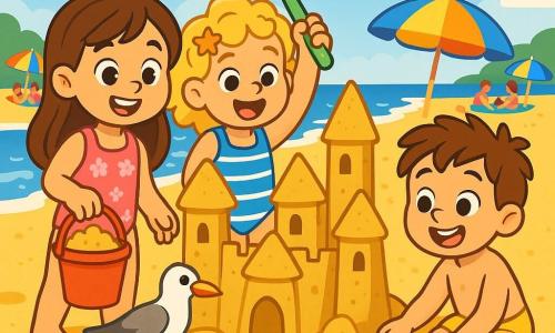 There are 4 children: Lila, a 7-year-old girl with long brown hair and sparkling eyes, wearing a pink swimsuit with flower patterns and holding a red bucket filled with sand; Zoe, a 7-year-old girl with curly blonde hair adorned with small star-shaped clips, wearing a blue swimsuit with white stripes and holding a green shovel; Max, a 5-year-old boy with messy brown hair and a big smile, wearing yellow swim shorts and playing with a small sand truck while sitting on the sand; and a seagull, a bird with white and gray feathers perched on the edge of a bucket, curiously watching the children. The setting is a sunny beach with golden sand sparkling under the sun, gentle waves lapping at the shore, colorful umbrellas, and happy families lounging on towels in the background. The sky is bright blue with a few fluffy white clouds. The main scene shows Lila and Zoe building a large sandcastle with towers and a moat while Max digs nearby. A curious seagull approaches, watching the castle with interest. The children are laughing and having fun, filled with excitement and joy.