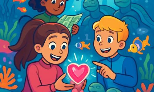 There are 3 characters: Isla, a 12-year-old girl with long brown hair in a ponytail, wearing a bright pink wetsuit, holding a glowing crystal, amazed by its beauty; Leo, a 12-year-old boy with short blonde hair in a blue wetsuit, standing next to Isla, smiling and pointing at a colorful fish swimming nearby; and Maya, a 13-year-old girl with curly hair and a colorful bandana, dressed in a green wetsuit, slightly behind, carefully studying a marine map she holds. The main setting is a stunning underwater lagoon filled with colorful corals, shimmering tropical fish, and rays of light filtering through the water's surface, creating a magical effect. The scene depicts the three friends discovering the Coral Heart, a shining crystal on a coral pedestal surrounded by ancient turtle statues. They are enchanted by the beauty of the scene, as a soft glow emanates from the crystal, illuminating their faces with wonder and excitement.