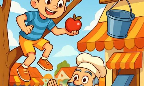 A 10-year-old boy, Max, with messy brown hair and a mischievous smile, stands on a tree branch, his eyes sparkling with mischief. He wears a blue striped t-shirt and yellow shorts, holding a shiny red apple in his right hand. A few meters below, Mr. Thompson, a man around 50 with a gray mustache and a baker's apron, smiles with his arms raised, ready to catch Max. The colorful Sunnyville market stretches in the background, filled with vibrant fruit stands, bright flowers, and smiling villagers. The scene shows Max about to perform one of his famous tricks, with a bucket of water hanging above the door of a stand, ready to fall on Mr. Thompson.