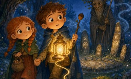 Milo, a 5-year-old apprentice sorcerer with a round face and curious eyes, determined and slightly awed, wears a faded blue cape, holds a twig wand topped with an acorn cap and gently cradles a radiant golden Evening Lantern against his chest; Tilda, a 6-year-old girl with red braided hair, a knowing smile and bright eyes, holds a small pouch of biscuits and Milo’s hand, standing just to his left; behind them stands the Watcher of the Circle, an old tree-like figure with bark-colored wrinkled skin and a silver staff with a loop, near a ring of stones carved with glowing spirals; the scene is a misty night forest clearing with glittering grass, twisted deep-green trees, pale blue mist filaments, and a glowing thread wound around the lantern leading out of the clearing; they have just freed the lantern from a stump, its warm yellow light dispelling the fog, creating a magical, warm, reassuring atmosphere in a soft-contrasted, clear cartoon style with felt textures and golden light on their faces.