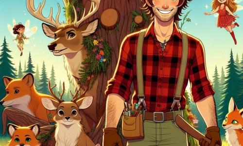 In the center of the image, a man named Cedric, a smiling woodcutter with tousled brown hair and sparkling eyes of curiosity, stands firmly in front of a majestic oak tree. He wears a red plaid shirt and canvas pants, holding an axe in one hand while extending his other hand towards a group of animals surrounding him, showing his determination and kindness. To his right, a small fairy named Elowen, with shimmering rainbow-colored wings, floats in the air. She has long golden hair and wears a dress made of flower petals, smiling encouragingly at Cedric with admiration. Behind Cedric, a group of forest animals is gathered: a majestic deer with large antlers, a clever fox with bright eyes, and a small rabbit with big ears, all looking at Cedric with hope and trust. The scene takes place in a sunny clearing in the heart of an enchanted forest, surrounded by thick-trunked trees with lush green leaves, with rays of light filtering through the foliage, creating a magical and warm atmosphere. The main situation shows Cedric ready to unite the forest animals to save the Great Oak, threatened by thorny vines, symbolizing the spirit of cooperation and courage in this crucial moment.