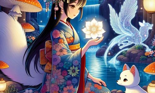 Aiko, a young woman with long black hair dressed in a colorful kimono adorned with floral patterns, stands at the center of the scene, her face radiating determination and wonder. She delicately holds the luminous Moonflower, a flower with sparkling petals emitting a soft silver glow, symbolizing restored harmony. Next to her, the Kitsune, a nine-tailed fox with mischievous eyes and bright white fur, watches Aiko with an approving smile, its tails gracefully flowing behind. In the background, a majestic dragon with bright multicolored scales stands near a waterfall, its wise eyes admiring the young woman. The setting is a beautiful cave illuminated by glowing mushrooms, with a clear, shimmering waterfall creating a magical and serene atmosphere. The scene captures the moment when Aiko, with courage and gentleness, revives the Moonflower, bringing balance between the human and spiritual worlds.