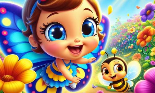 Dans um jardim encantado, uma pequena borboleta chamada Lili, com asas coloridas de azul, amarelo e vermelho, voa alegremente entre as flores, exibindo um grande sorriso de admiração. Ela é cheia de vida e energia, cercada por pétalas brilhantes que dançam ao vento. Ao seu lado, um zangão chamado Zico, com corpo listrado de preto e amarelo, coleta pólen. Ele tem um olhar concentrado, mas feliz, mostrando seu entusiasmo pelo trabalho em equipe. O lugar é um jardim exuberante, repleto de flores coloridas, grandes árvores verdes e um céu azul claro com nuvens brancas fofas. Os raios de sol iluminam a paisagem, criando uma atmosfera alegre e acolhedora. A cena principal mostra Lili e Zico colaborando, Lili voando graciosamente de flor em flor, enquanto Zico se esforça para colher o pólen, ilustrando a importância da amizade e da diversidade em seu trabalho conjunto.
