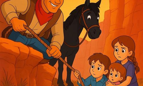 Ein Cowboy (Ben), gebräuntes Gesicht, brauner Hut, entschlossener, mutig lächelnder Blick, hält eine Seil fest und lehnt sich an den Rand eines engen, rot-gelb gestreiften Canyons, um zu helfen, ein Junge (Sam, ~8) mit zerzausten blonden Haaren und hoffnungsvollen Augen hält die Zügel eines schwarzen Pferdes neben dem Cowboy und schaut hinunter, ein Mädchen (Emily, ~9) mit kastanienbraunem Zopf hockt auf einer Felskante unten und hält ein zusammengerolltes Kleinkind (Mia, ~3), ein Mann (~35–40, Vater) mit verschmutztem Gesicht und Schürfwunde an der Stirn sitzt auf niedrigen Felsen im Canyon, abgestützt mit verletztem Fuß und blickt vertrauensvoll zum Cowboy; der enge Canyon mit goldenen trockenen Gräsern, vereinzelten Dornbüschen und staubiger Luft im orangefarbenen Sonnenuntergang bildet die dramatisch-warme Rettungsszene.