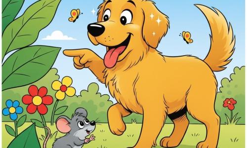 A joyful, gentle golden-coated dog with floppy ears and sparkling round eyes, playful stance, tail high and tongue lolling, smiling and nudging its nose toward a small hidden tail; a shy little mouse with soft gray fur, big black round eyes and a bushy tail peeking from behind a large green leaf, chuckling softly and crouched near a flower; no humans; sunny garden with tender green grass, large leaves, colorful flowers in red, yellow and blue, a few butterflies and a pale blue sky with small white clouds; scene of the dog finding the mouse during hide-and-seek, dog’s joyful surprised expression, mouse peeking from behind the leaf, clear simple composition, bright colors, clean outlines and a warm, reassuring mood.