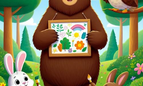 Un grande orso bruno con un pelo morbido e setoso, con una zappa corta, sorride felicemente mentre tiene un grande pannello colorato. I suoi occhi brillano di eccitazione e orgoglio mentre presenta la sua opera ai suoi amici. Accanto a lui, una piccola coniglietta con grandi orecchie, pelo bianco e macchie marroni, salta di gioia, i suoi occhi brillanti di ammirazione per l'orso. Tiene un pennello e un barattolo di vernice, pronta ad aggiungere il suo tocco al grande pannello. Più in là, un saggio gufo con piume marroni e beige, posato su un ramo, osserva con un sorriso benevolo, gli occhiali che scivolano sul naso. Sembra orgoglioso dei suoi amici e incoraggia la loro creatività. La scena si svolge in una radura soleggiata, circondata da alberi maestosi con foglie verdi brillanti e fiori colorati che danzano al vento. Al centro, un grande pannello di legno mostra disegni gioiosi e parole ispiratrici sull'amicizia e l'inclusione. L'orso e i suoi amici celebrano il loro progetto comune, dimostrando al mondo che, nonostante le loro differenze, possono creare qualcosa di bello insieme.